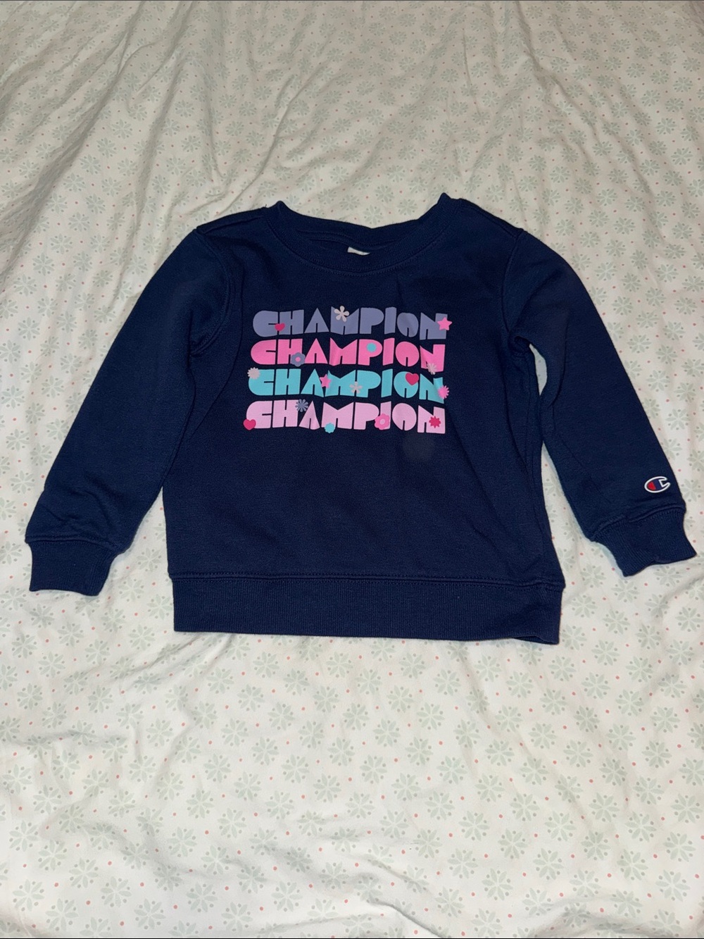 Champion Navy Crewneck Sweatshirt with Pink & Teal Logo